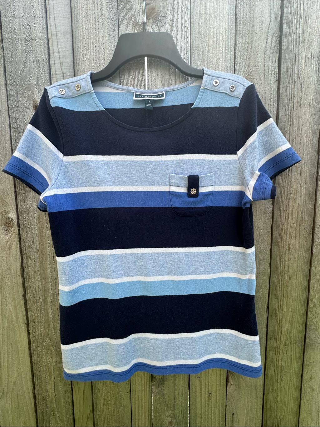 Karen Scott Navy, Light Blue & White Striped Short Sleeve Tee - Medium